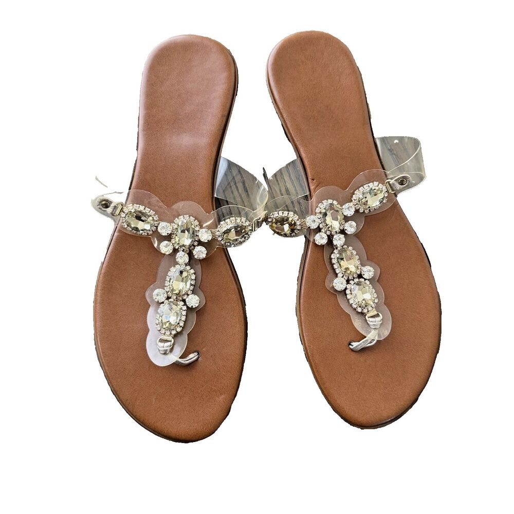 Toscanella Women Sandals Flip Flop Thong Slide Clear Rhinestones Size 9.5 Italy